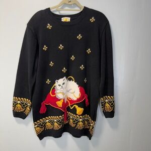 Vintage 1993 Susan Bristol White Cat on Red Pillow Tassel Sweater Large Black